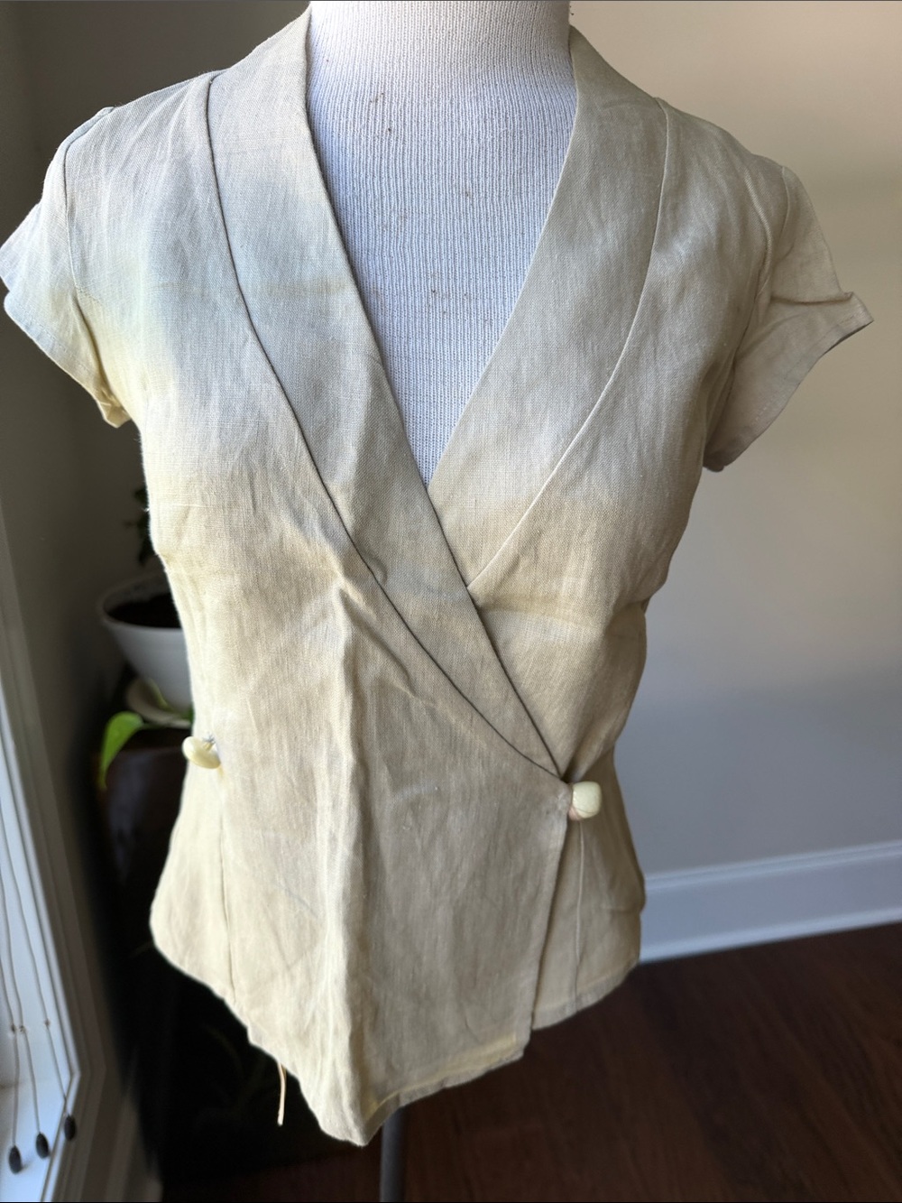 Cream Short-Sleeve Wrap Blouse with Button Detail
